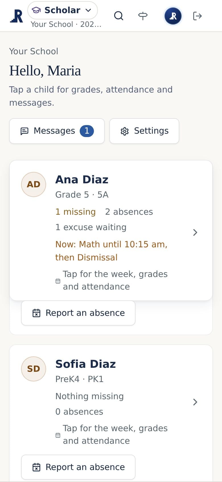 The family app on a phone: each child with missing work, absences and today's schedule.